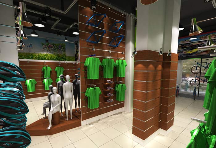 潮流、時(shí)尚自行車店自行車衣物區(qū)域裝修設(shè)計(jì)案例效果圖