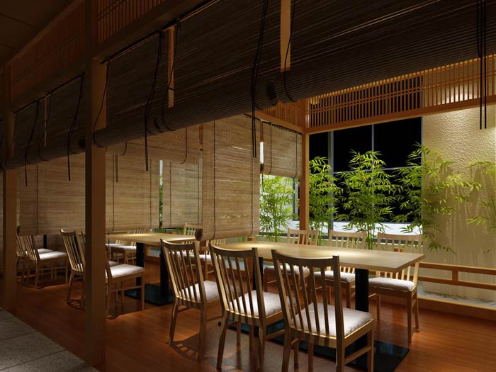 日本料理餐廳過道餐區裝修設計效果圖