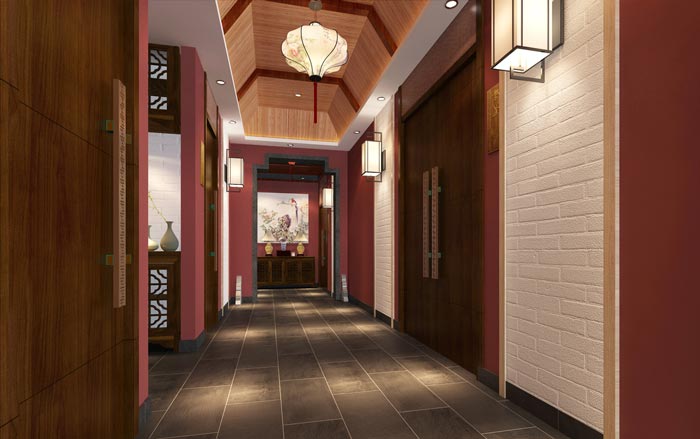 新中式川菜館二樓過道裝修設計效果圖