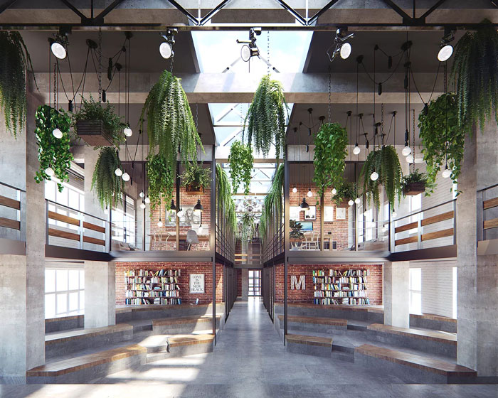 loft風格眾創空間辦公室過道裝修設計效果圖