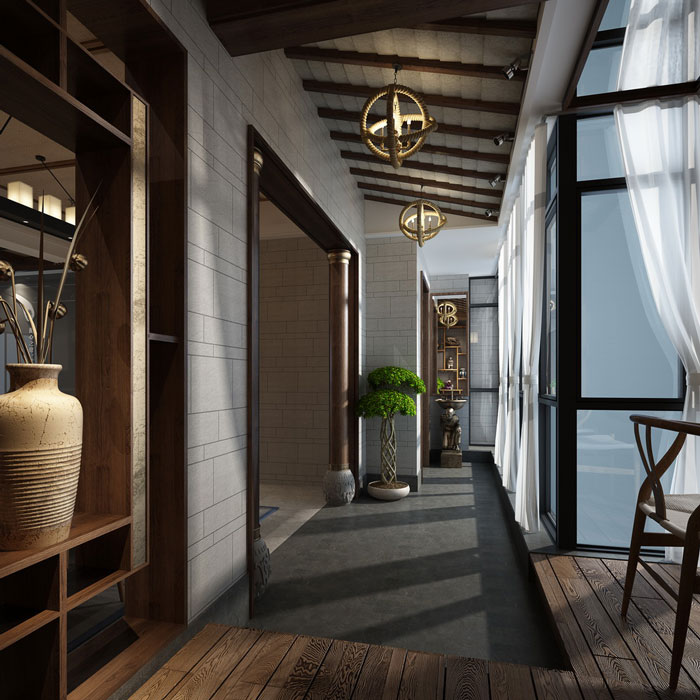 小型中式辦公室陽臺過道裝修設計效果圖