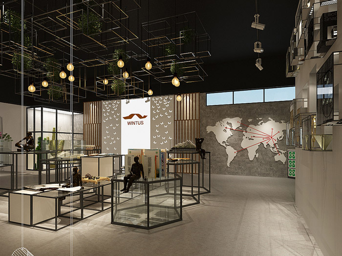 絲綢廠房展廳進門區(qū)裝修設(shè)計效果圖